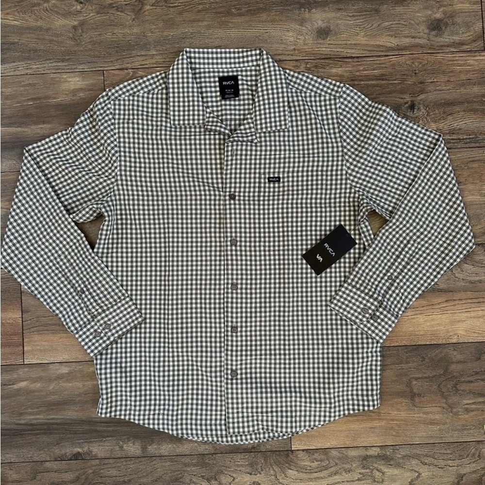Men’s RVCA NWT Large Easy Fit Botton-down Green Check NWT - Picture 2 of 5